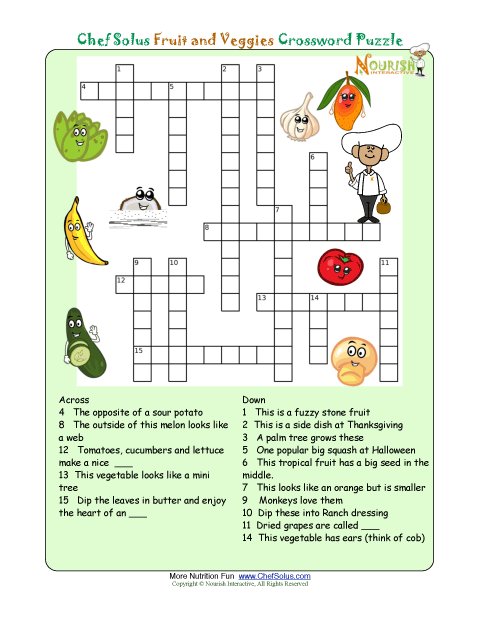 Printable Nutrition Crossword Puzzle Fruits And Veggies