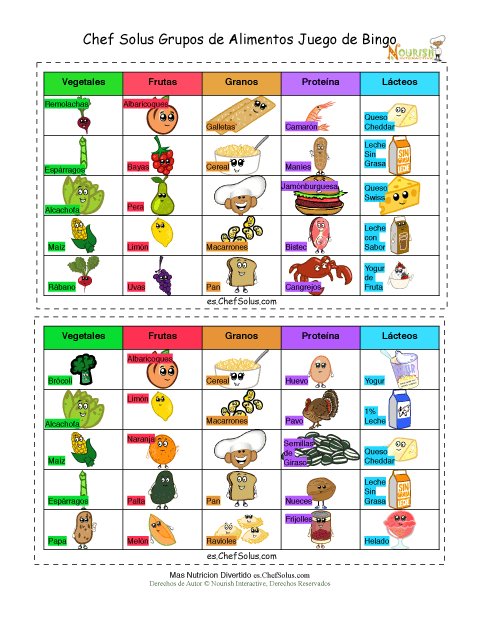 Cartas de Bingo Con Tema De Los Cinco Grupos De Alimenticos Para Niños - Dos