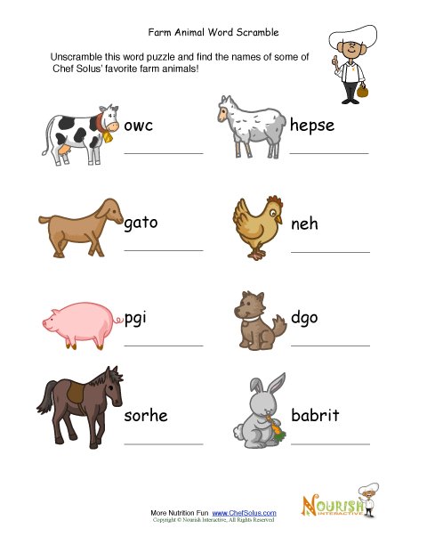 Farm Animal Word UnScramble Puzzle for Kids