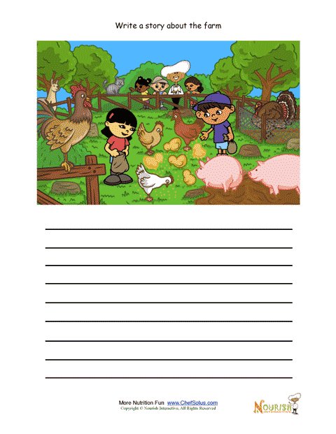 Creative writing activity for elementary school children - Farm animals  being fed
